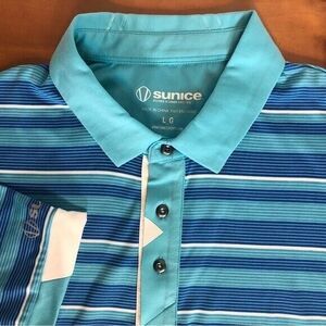 Sunice Men's‎ Large Coollite NOLAN Blue Striped 50+ SPF 1/4 Button Golf Polo